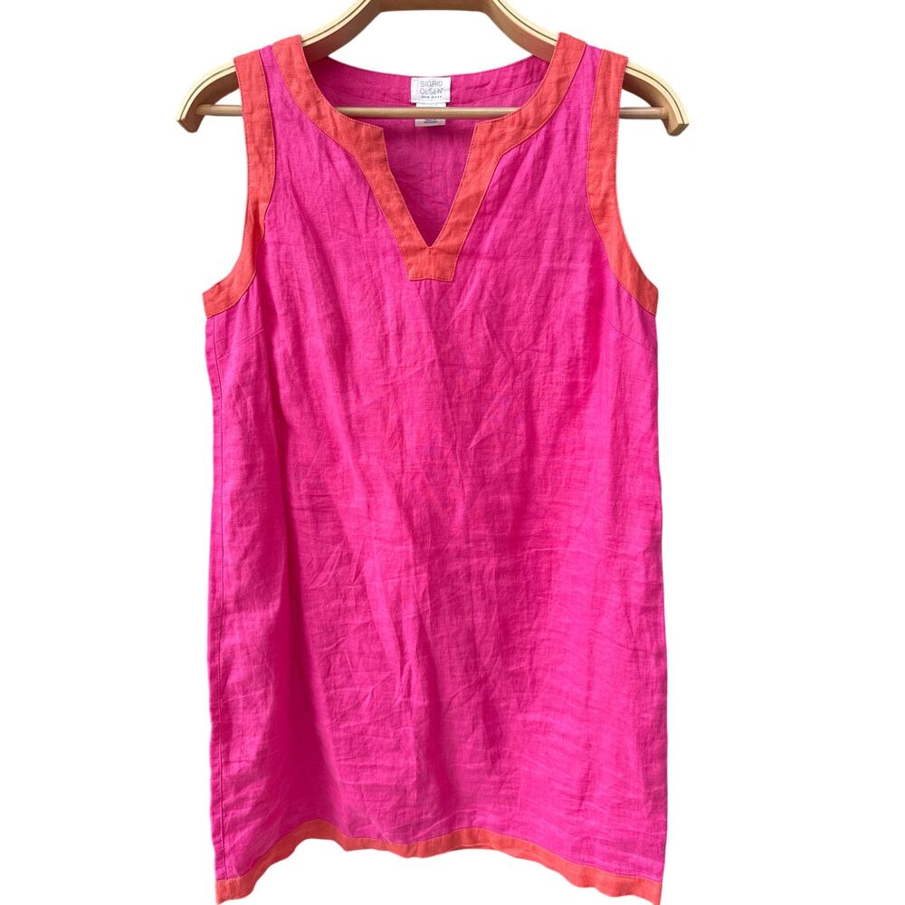 Sigrid Olsen 100% Linen Sleeveless Tunic Top Pink Orange Colorblock V-Neck S